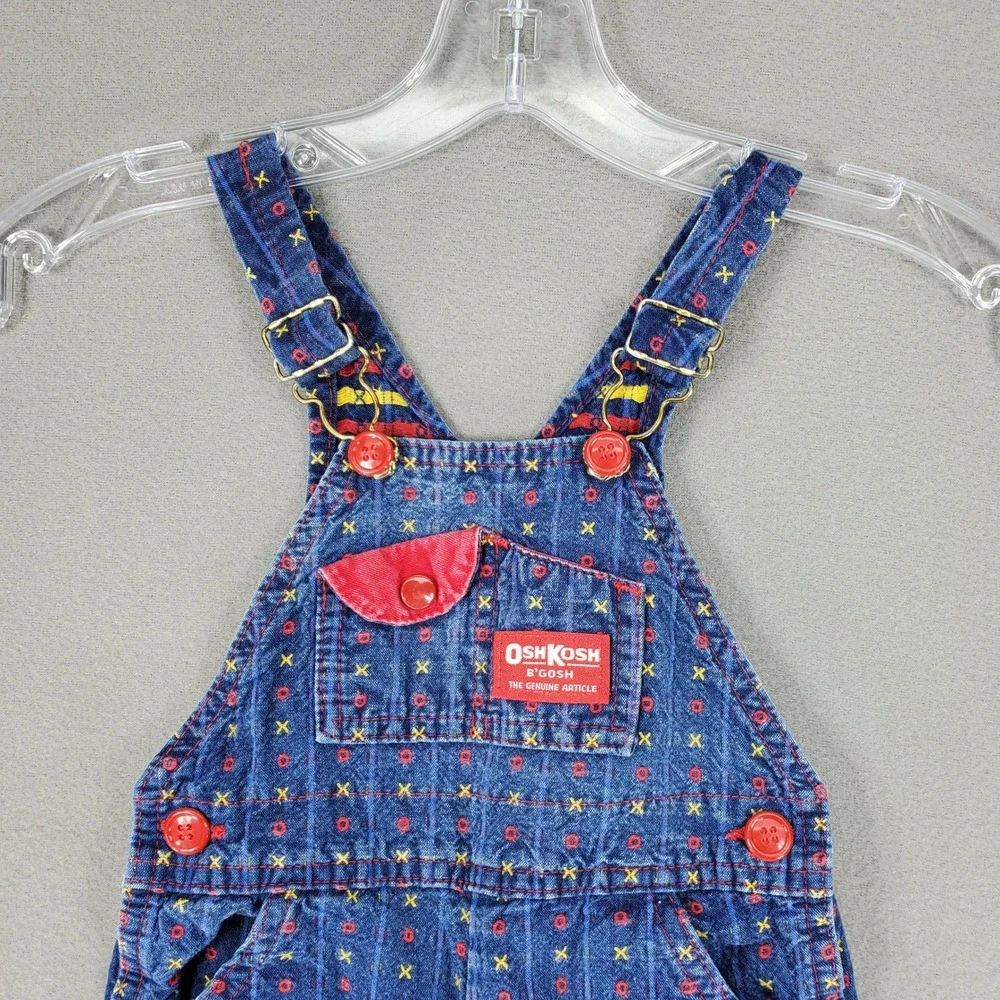 OshKosh B'Gosh Overalls Kids 18M Blue Vintage USA Made X O Geometric Print Denim